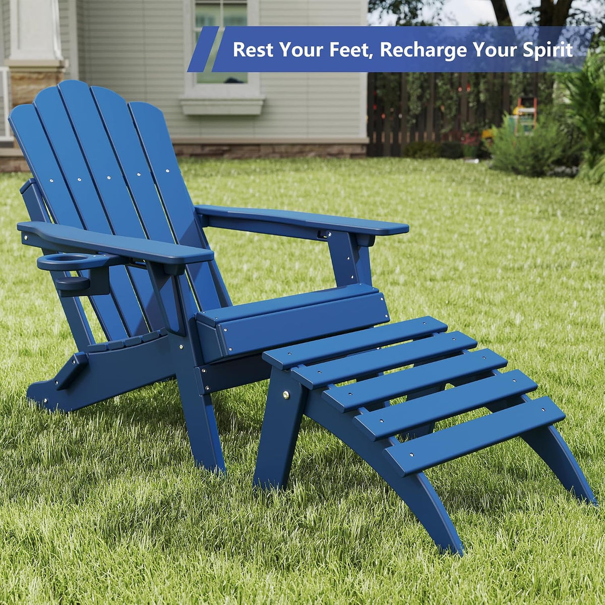 FOOWIN Folding Adirondack Ottoman Set of 4, HDPE All Weather Adirondack Footrests, Ottoman for Adirondack Chair,Patio Footstool for Outside Easy Storage,for Patio, Backyard, Porch, Garden, Navy Blue