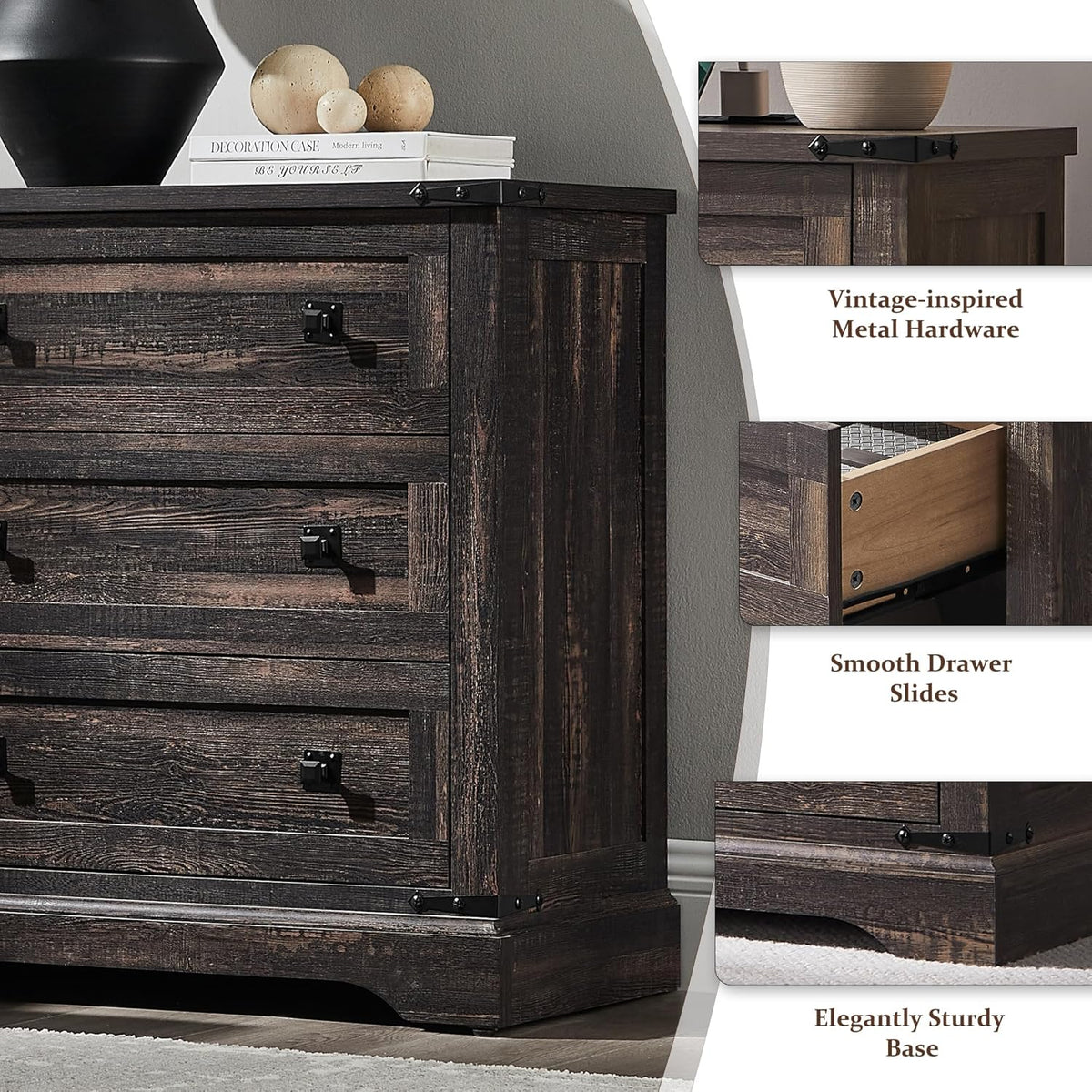 T4TREAM 32" Farmhouse Nightstand with 3 Storage Drawers, Large End Table with Charging Station, Rustic Wood Bedside Table for Bedroom, Living Room, Dark Rustic Oak