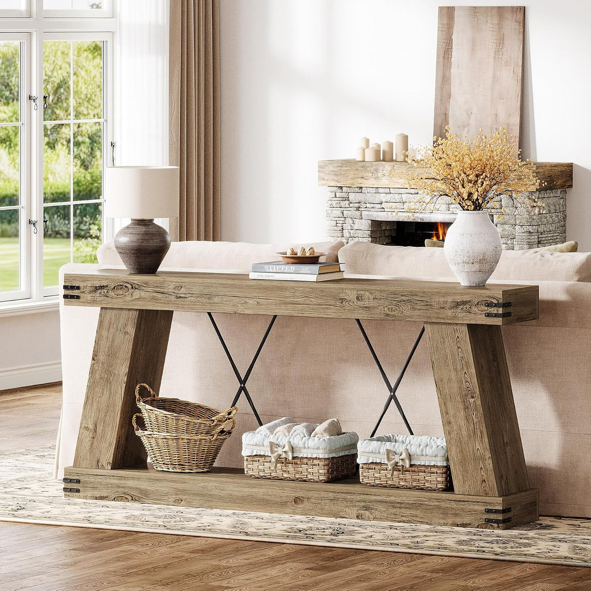 Tribesigns 70.87" Farmhouse Console Table with Storage (Light Brown Oak) | Narrow Sofa Table Behind Couch with Shelf, Rustic Entryway Table for Hallway, Living Room, Foyer, Entrance