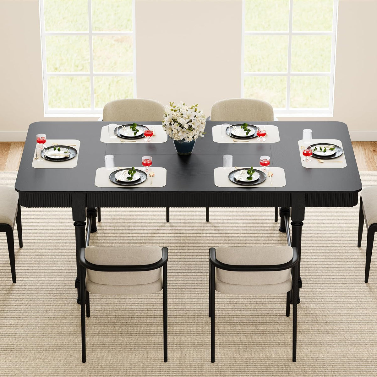 78 Inch Fluted Kitchen Dining Table for 6 8 10, Large Rectangular Kitchen Table with Drawers, Mid Century Modern Long Dinner Table Dining Room Tables with Solid Wood Legs for Home Living Room, Black