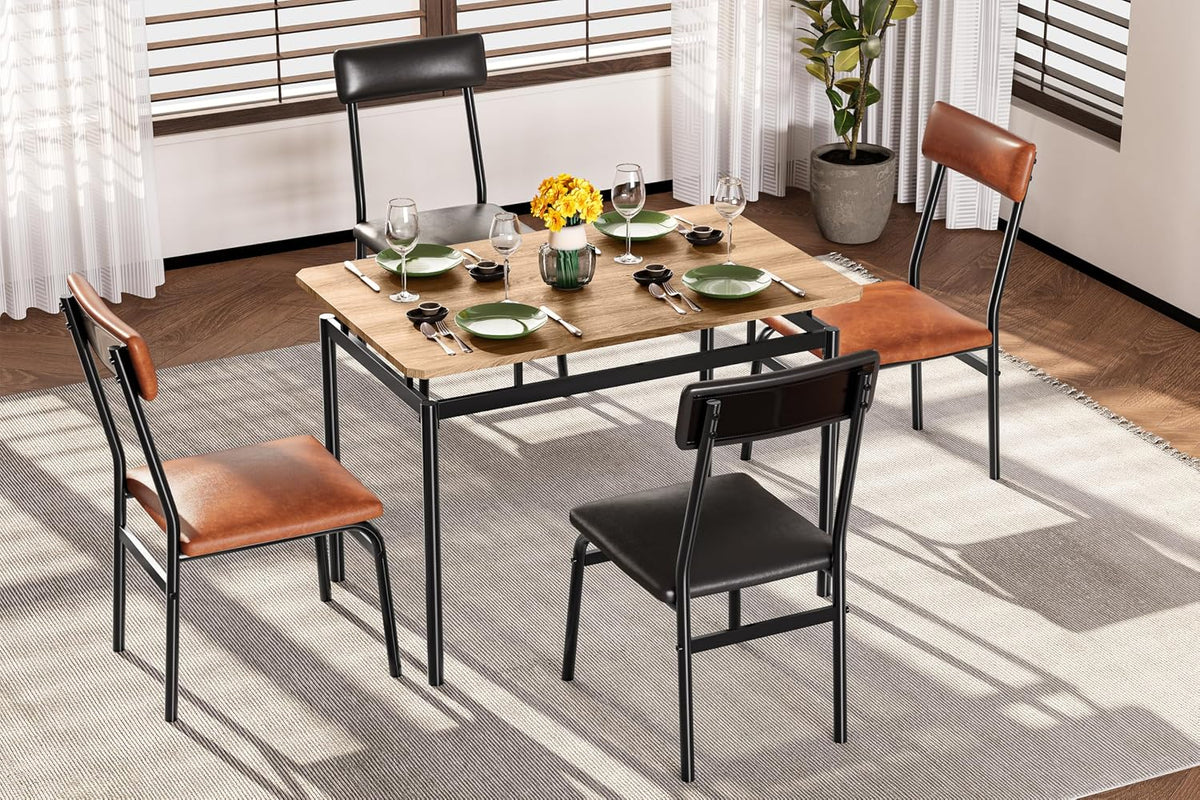 Takywep Dining Table Set for 4 – Wooden Kitchen Table with 4 PU Upholstered Chairs, Industrial Metal Frame Kitchen & Dining Set for Home, Apartment, Studio, Brown & Black