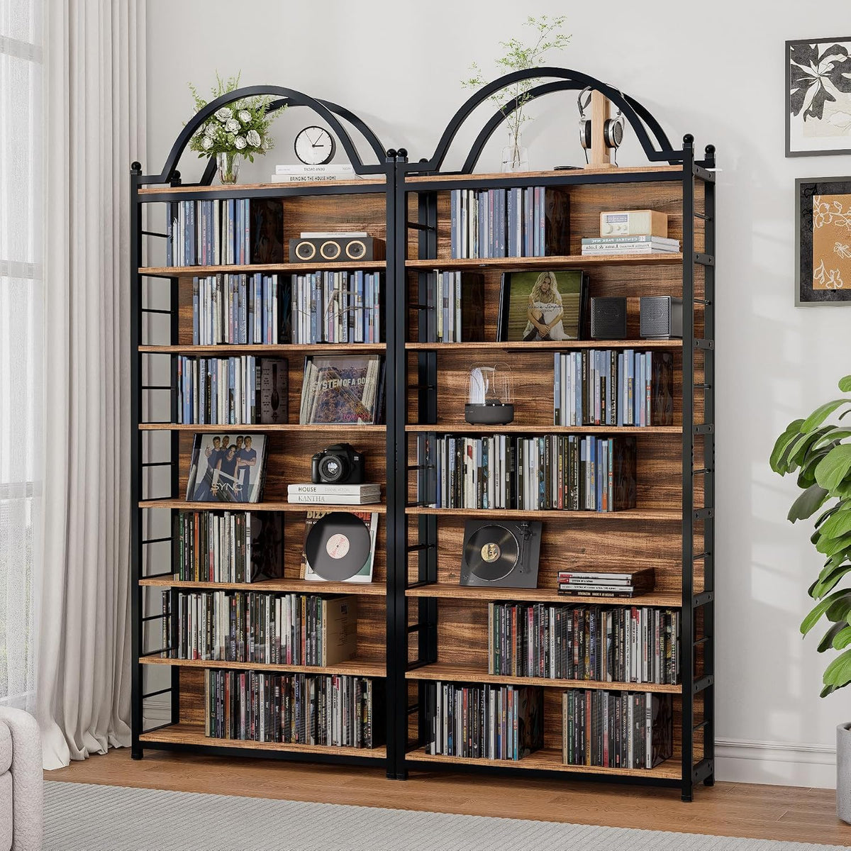 CD Storage Rack Holds 400+ CDs, 8-Tier CD DVD Storage Tower Organizer, Large Media Storage Shelf with Adjustable Feet for Living Room Bedroom Home Entertainment, Rustic Brown