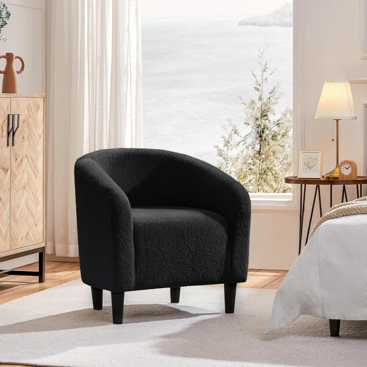 Yaheetech Small 25.5in Wide Sherpa Barrel Accent Chair for Bedroom, Black | Compact Cozy Barrel Chairs with a Curved Silhouette, Upholstered Furry Armchair for Small Spaces, Living Room Bedroom Corner