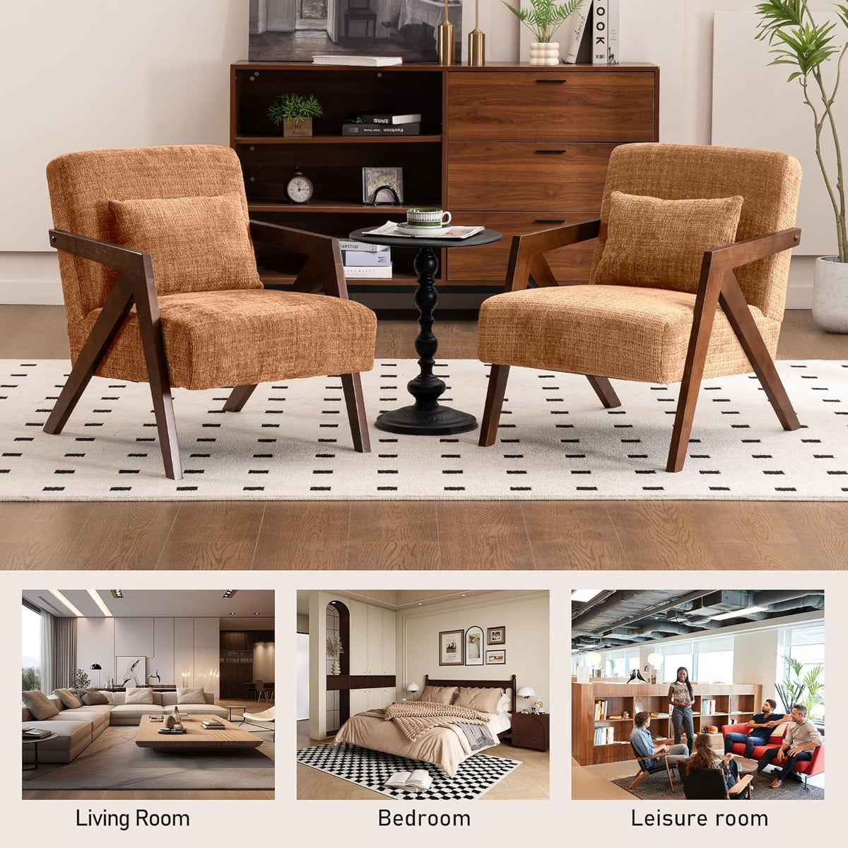 Mid-Century Modern Accent Chair Set of 2 with Solid Wood Frame,Upholstered Chenille Living Room Arm Chairs with Pillow for Bedroom, Living Room, Reading Room, Balcony, Brown