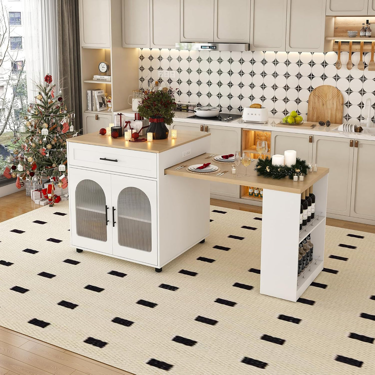80" Kitchen Island with Extendable Dining Table, Marble-Grain Countertop with Power Outlet, Rolling Kitchen Cart with Storage Cabinet & 2 Drawers for Dining Room House Bar,Black