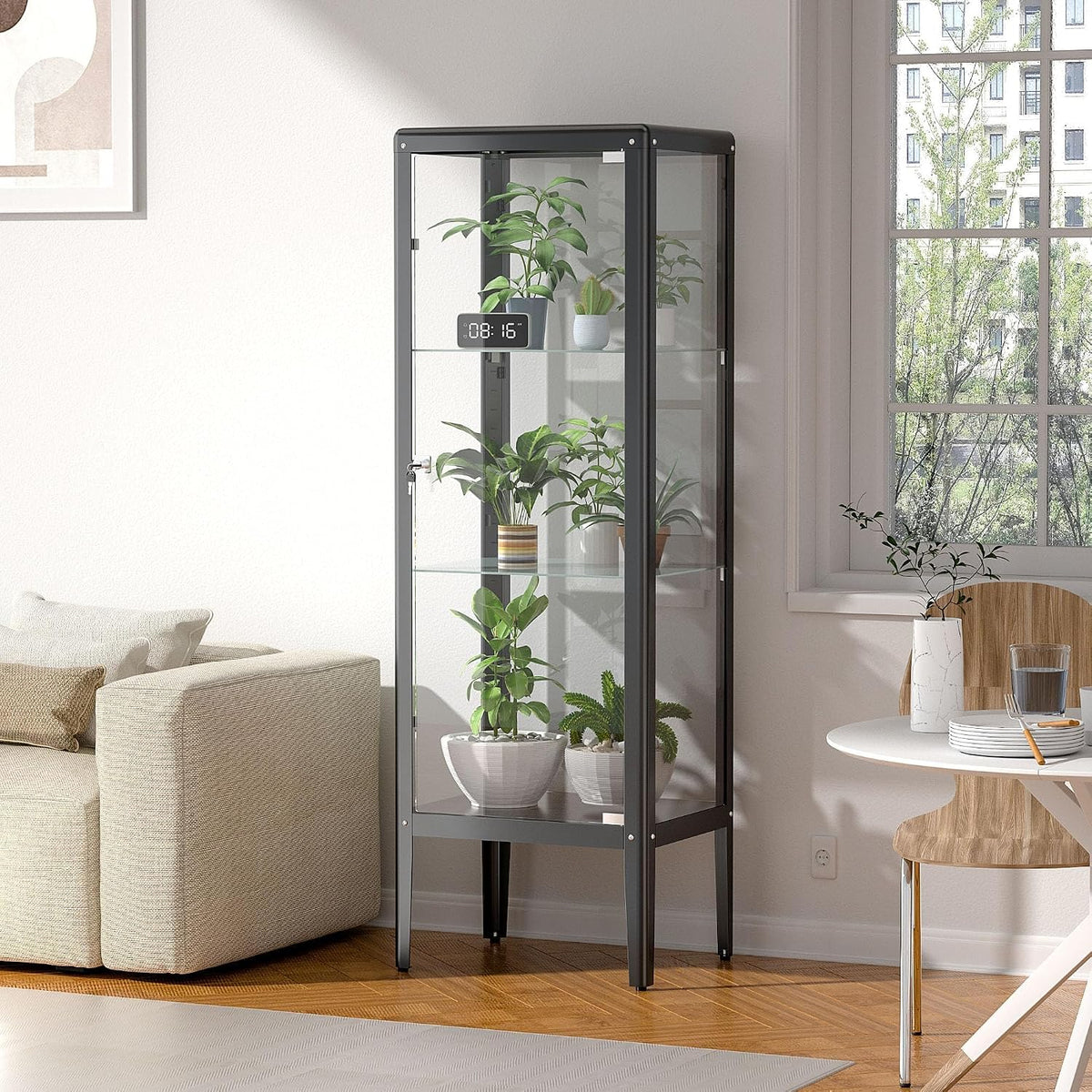 Ryoko Display Cabinet with Glass Door, Adjustable 3-Shelf Shelves, Curio Cabinet with LED Light, Glass Display Cabinet with Lock,Storage Cabinets, Dark Grey