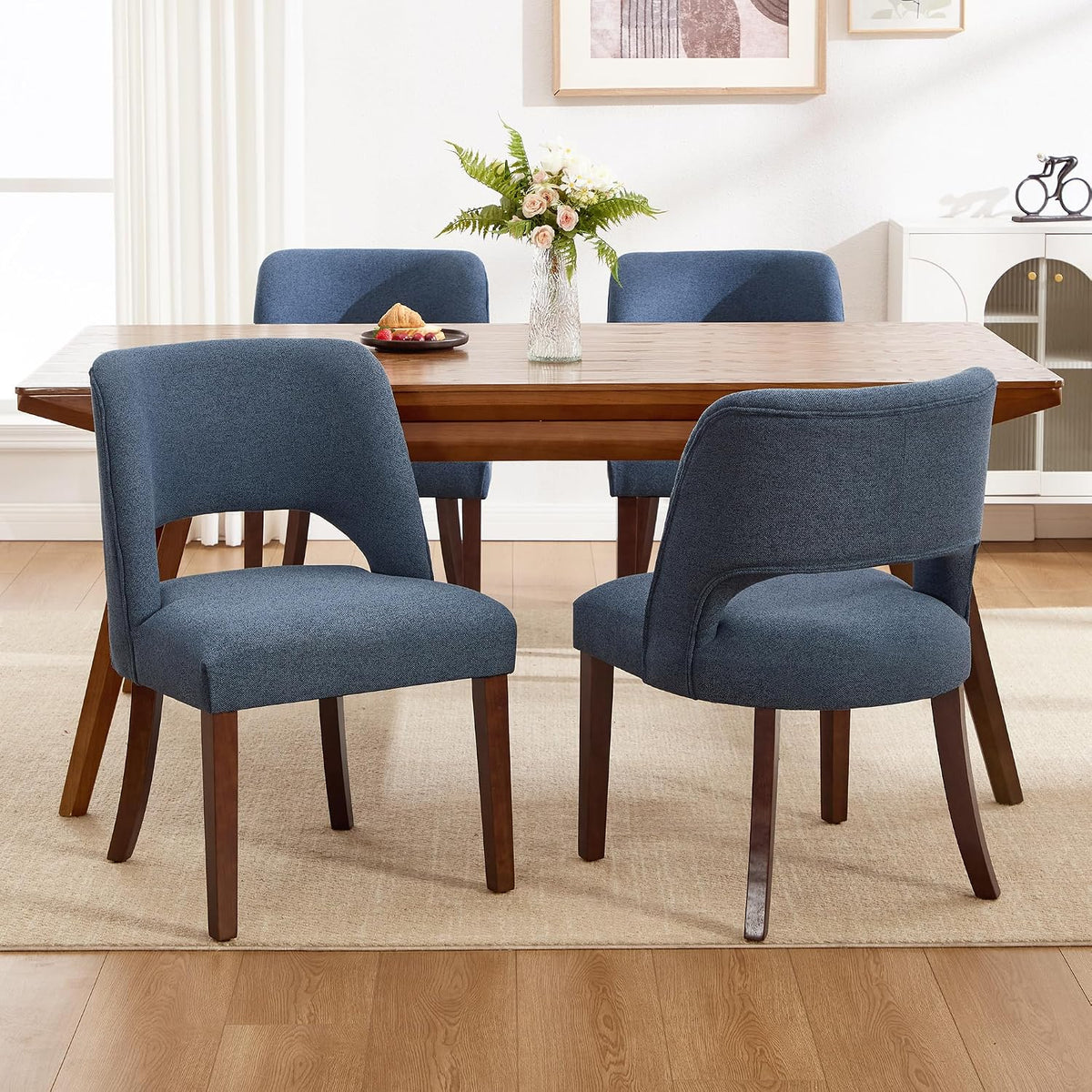 Dining Chairs Set of 6,Modern Dining Room Chairs with Thick Cushions,Upholstered Linen Fabric Kitchen Chairs for Kitchen Dining Room DARKBLUE
