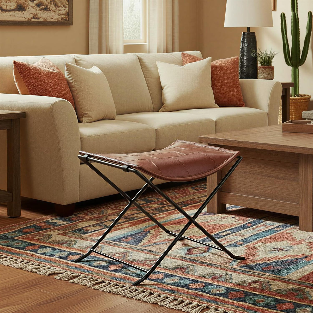 Creative Co-Op Collapsible Leather and Metal Stool, Russet Brown