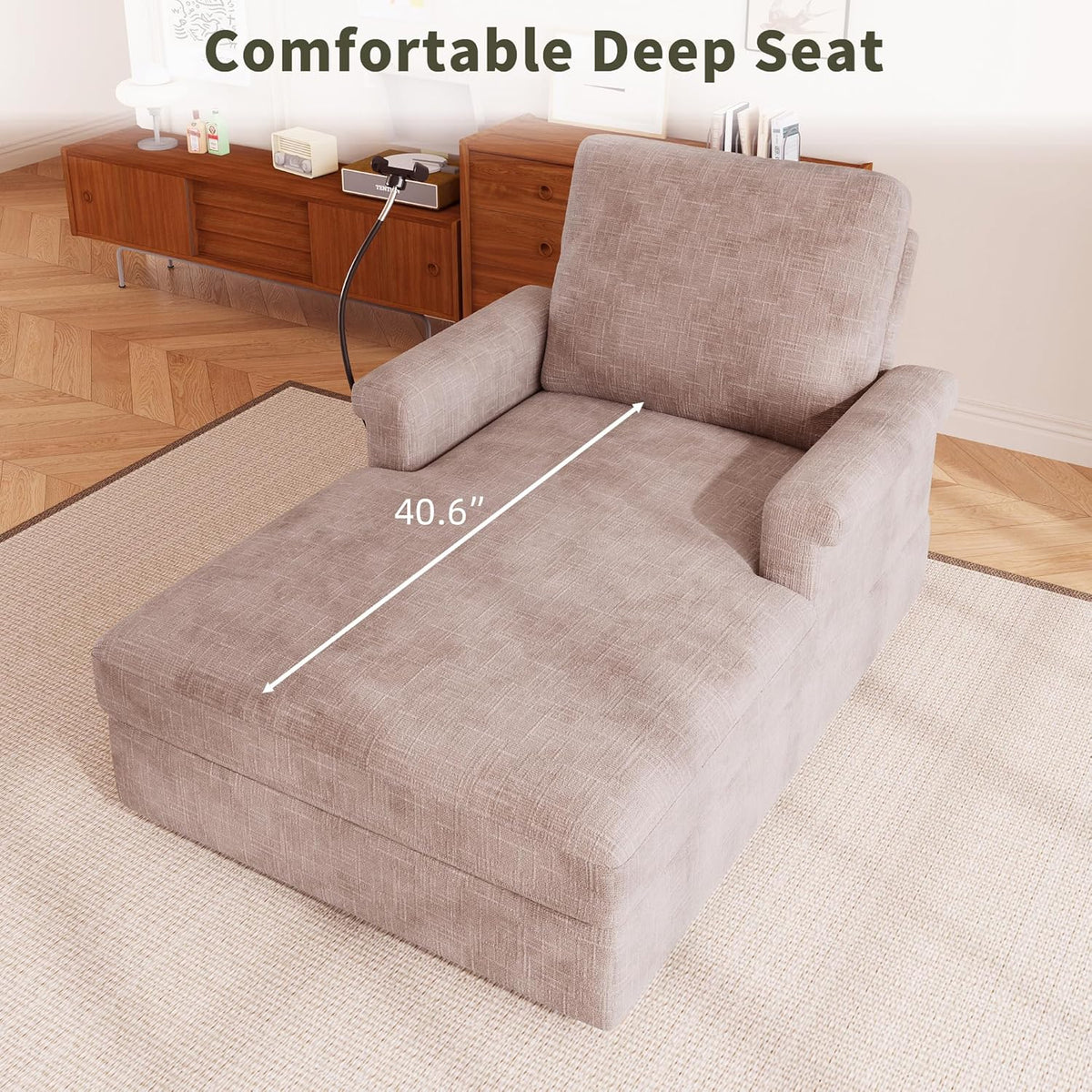 EJUNQ 66.5" Oversized Chaise Lounge Chair Indoor,Cozy Sofa Bed with Phone Holder and USB Charger,Upholstered Deep Seat Sleeper Sofa Bed,Comfy Single Sofa Armchair for Living Room -Brown