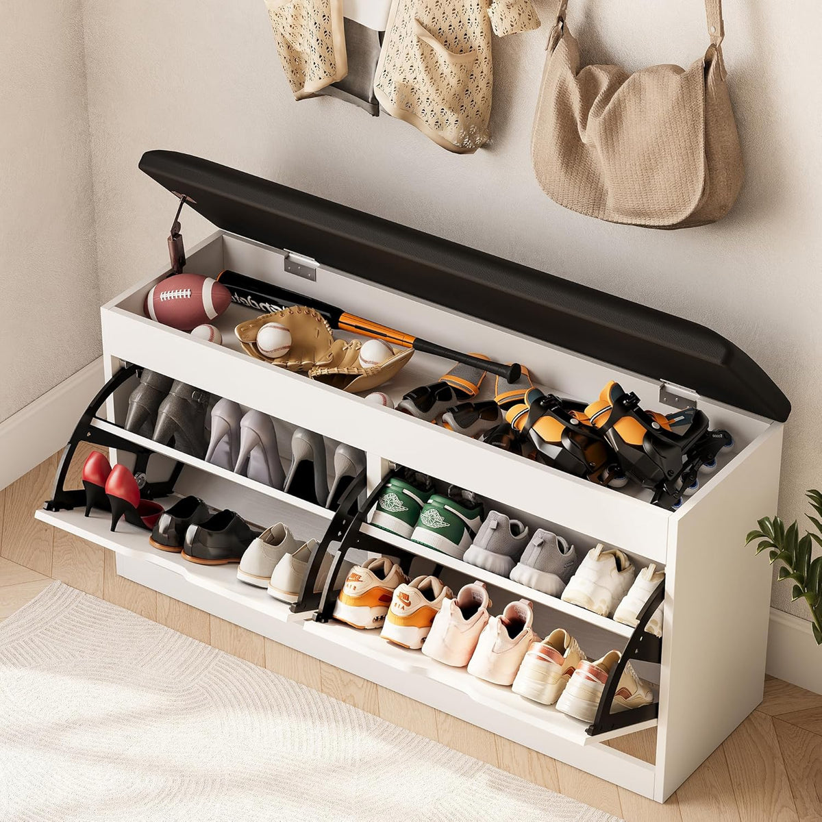 40" Shoe Storage Bench with 2 Flip Drawers & Padded Seat Cushion, Shoe Cabinet with Lift Top Storage Box, Shoe Bench Shoe Organizer for Entryway, Hallway, Living Room, White