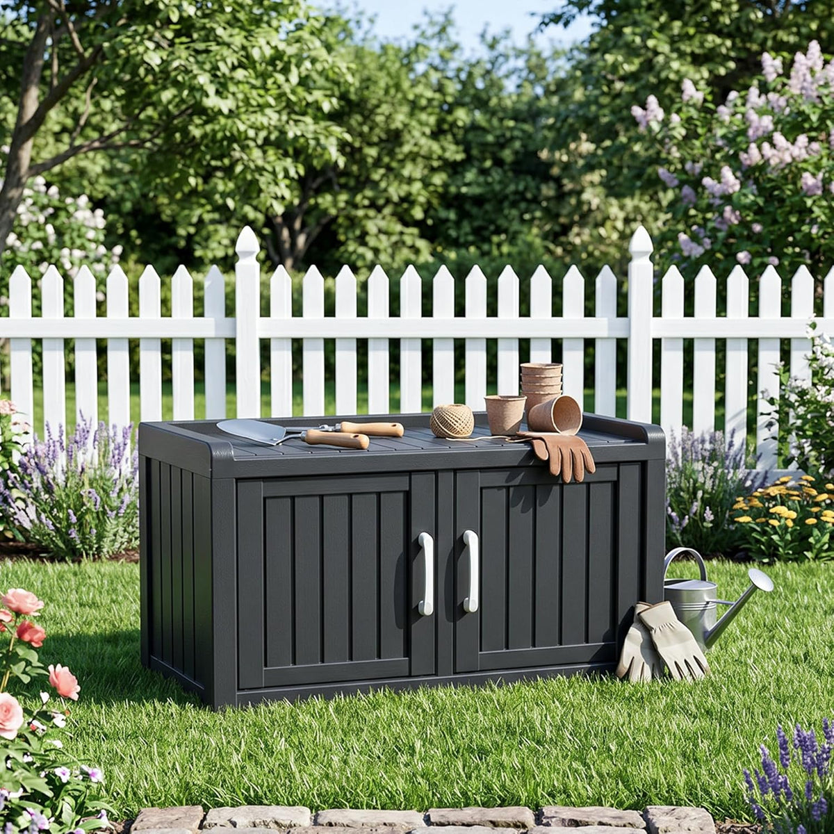 ROJIK Shoe Bench Waterproof UV-Resistant, 2-Tier Storage Cabinet for Outdoor Indoor with Adjustable Shelves, for Entryway Bedroom, Hallway, Living Room(Double Door Premium,Black)