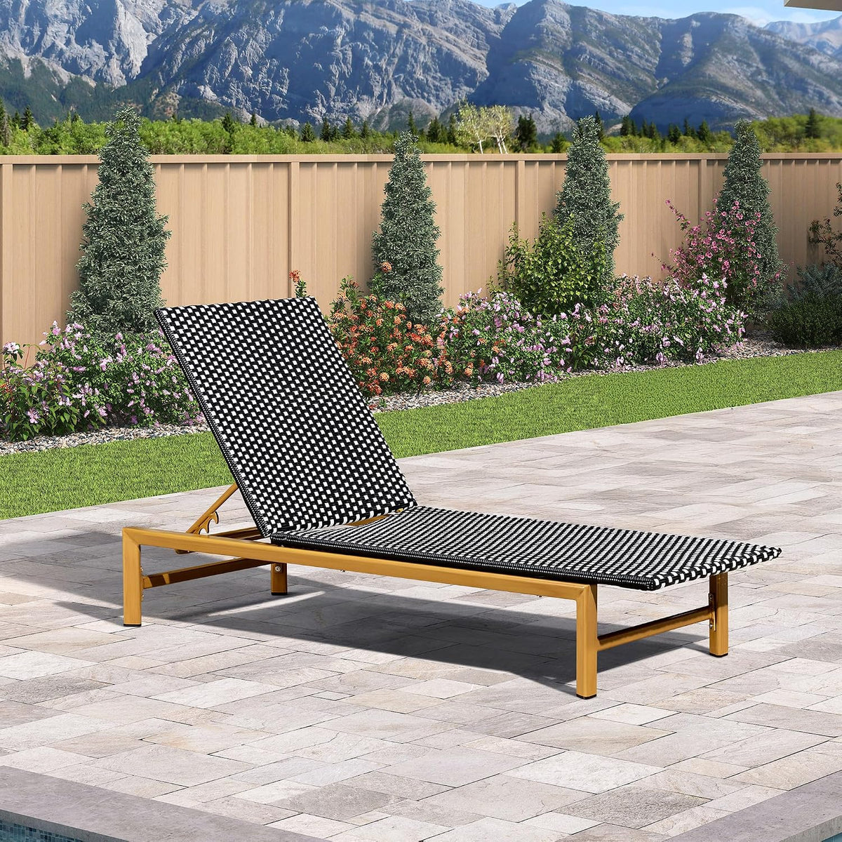 PURPLE LEAF 1 Piece French Patio Chaise Lounge Rattan Teak Frame, Black | Weatherproof Handwoven Wicker, Aluminum Frame, 5 Adjustable Positions, Non-Slip Pads, 440 lbs Capacity, For Poolside, Garden