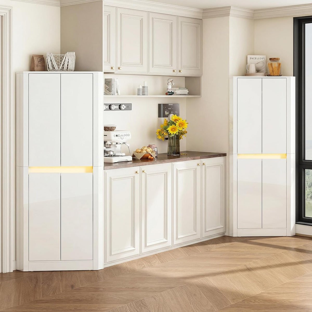 Anbuy 67'' Tall Pantry Cabinet with Led Light, Corner Pantry Cabinet with 4 High Gloss Doors and Adjustable Shelves, Space Saving Storage Cabinet for Food Hutch for Kitchen, Living Dining Room (White)