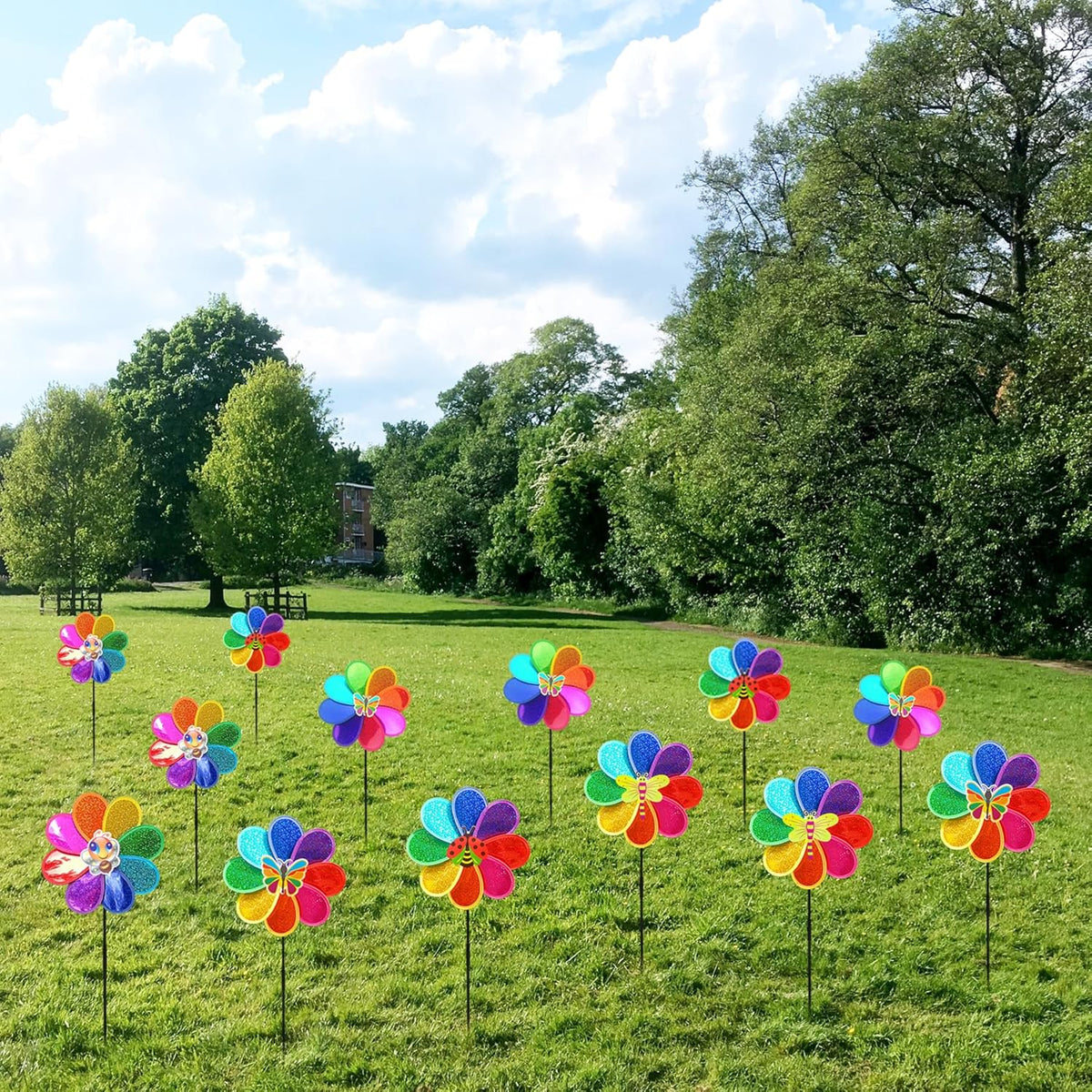Outdoor Wind Spinners Yard Garden Decor Shiny Pinwheels, Lawn Rainbow Ornaments to Deter Animals Scare Birds Away (4PCS)