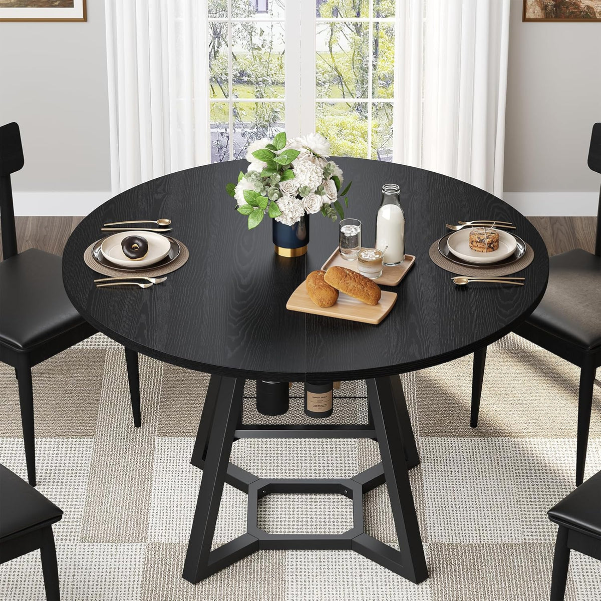 knoworld 47" Round Dining Table for 4, Kitchen Tables Dining Room Circle Dinner Table with Pedestal Metal Frame, Space Saving Wood Industrial Kitchen & Dining Room Tables, Black 47In