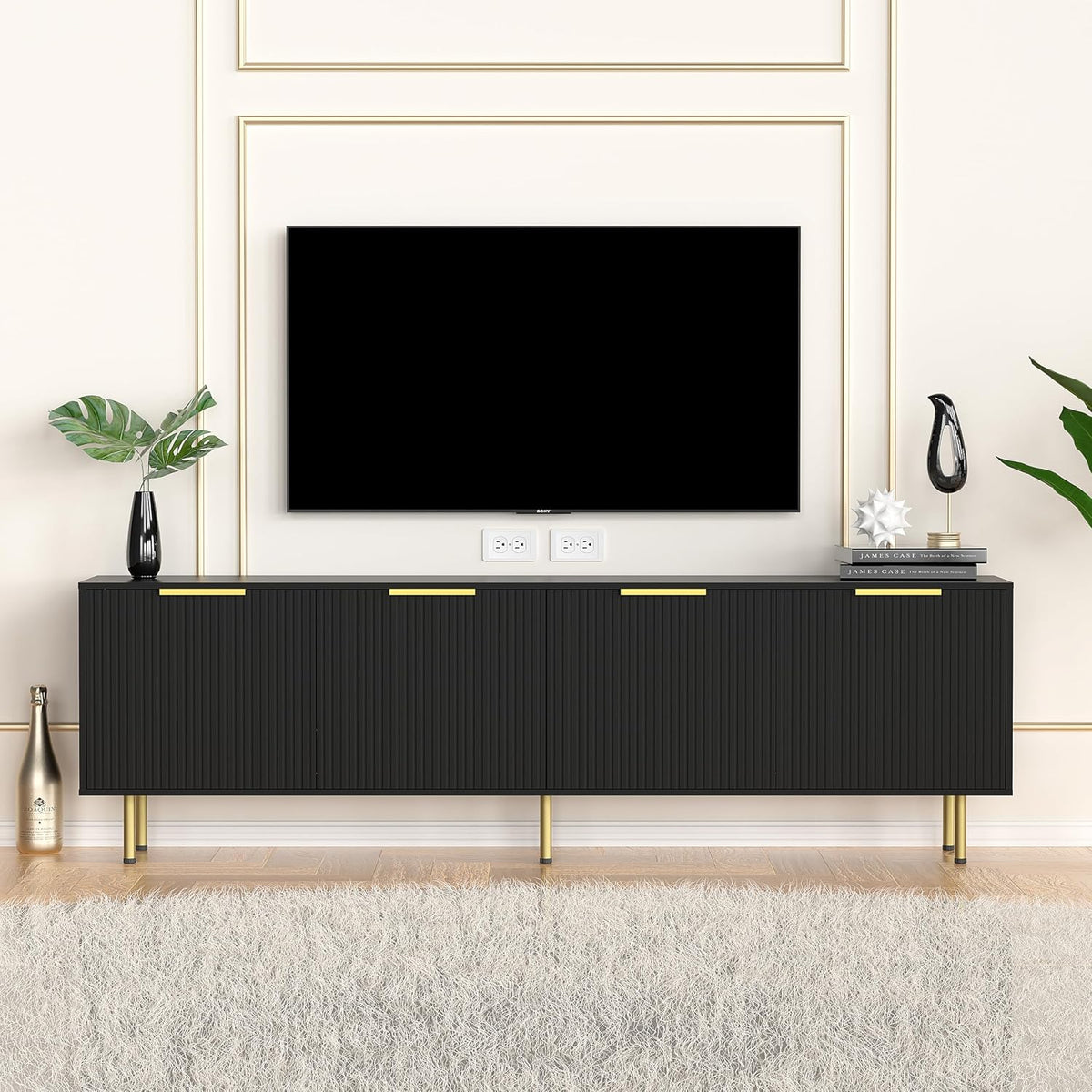 TV Stand for 80 Inch TV, Fluted TV Stand for Living Room, Mid Century Modern TV Stand with Adjustable Shelf, TV Entertainment Center with Storage for Bedroom, 70Inch, Black