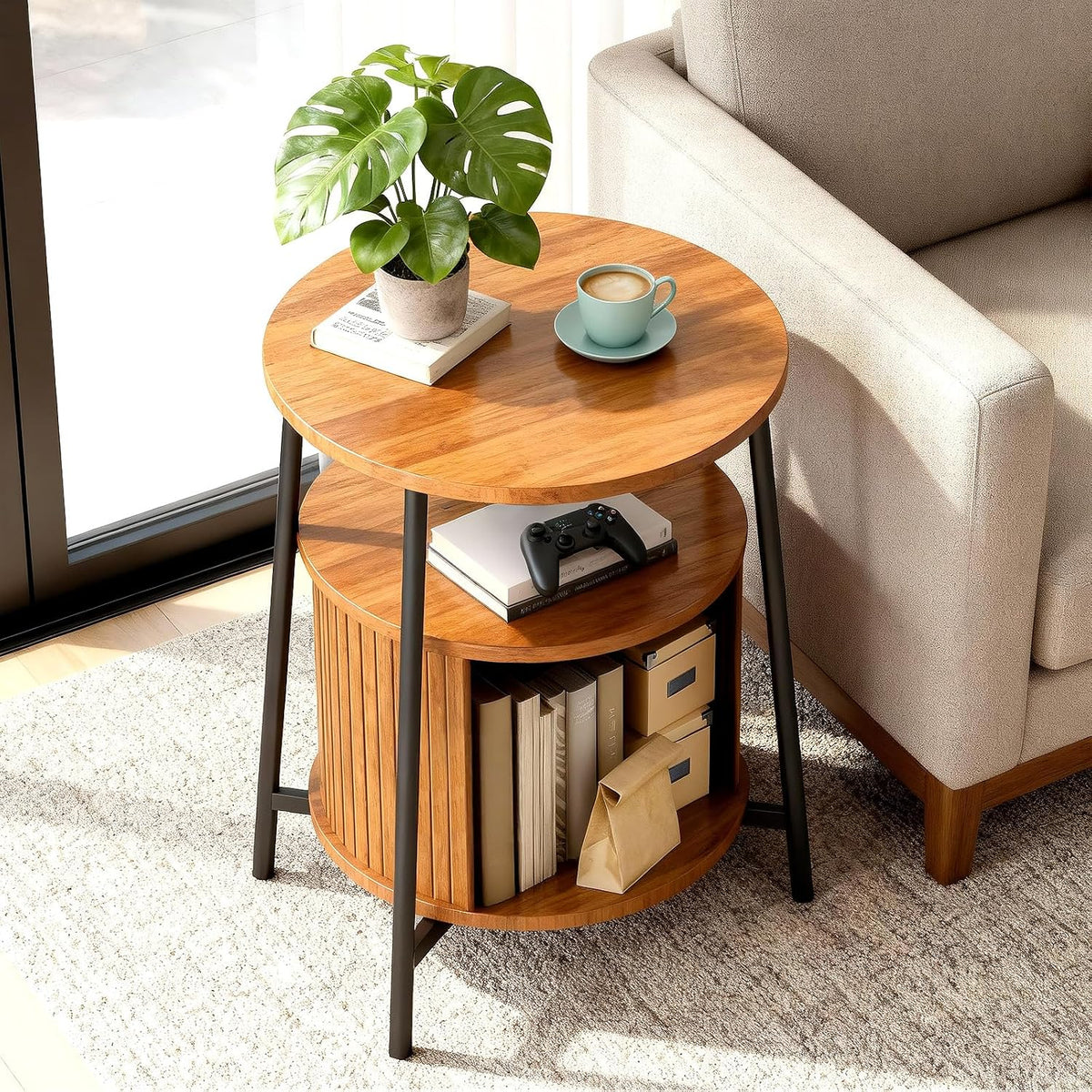 DHH Round End Tables with Charging Station, Fluted Accent Side Table with Sliding Door, Mid-Century Modern Nightstand for Small Space Storage, Living Room, Bedroom,Sofa Couch(Yellow)