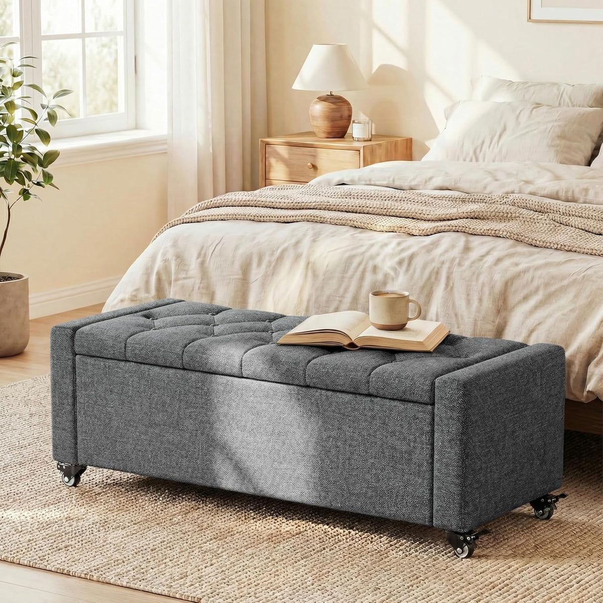 50” Ottoman Bench with Storage, Upholstered Fabric End of Bench for Bedroom, Load up to 660 lb, Fixed Base & Movable Swivel Wheels,Rectangular Tufted Entryway with Safety Hinge (Grey)