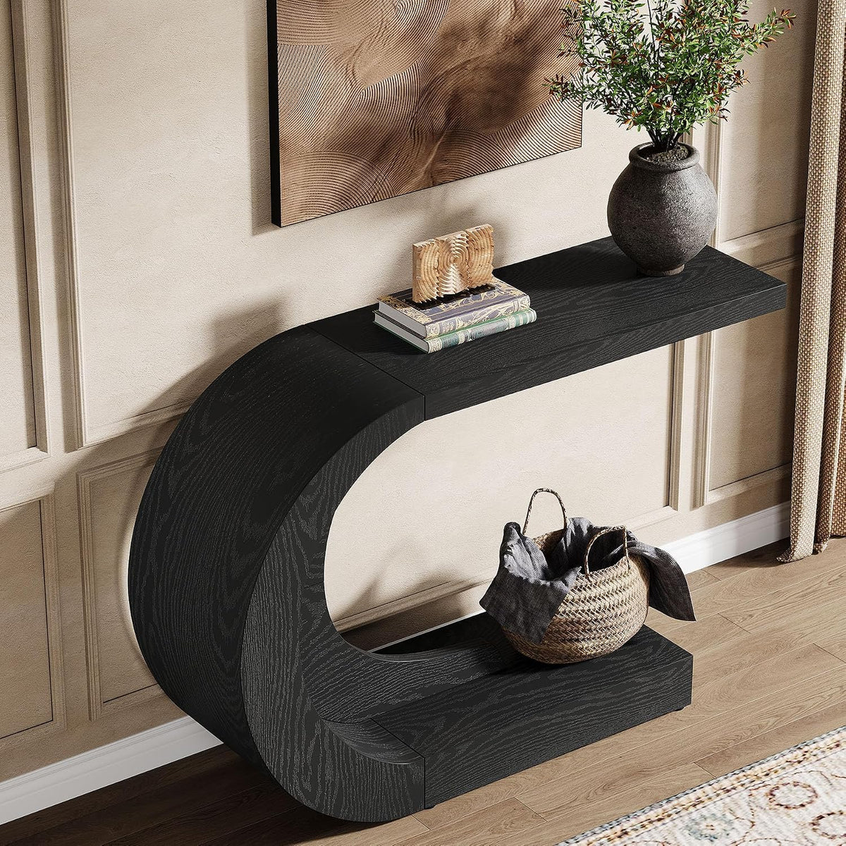 Tribesigns 43.3" Farmhouse Console Table for Entryway, Unique C-Shaped Rustic Sofa Table Behind Couch with Storage for Living Room, Hallway, Entry, Entrance, Foyer, Easy Assembly, Black