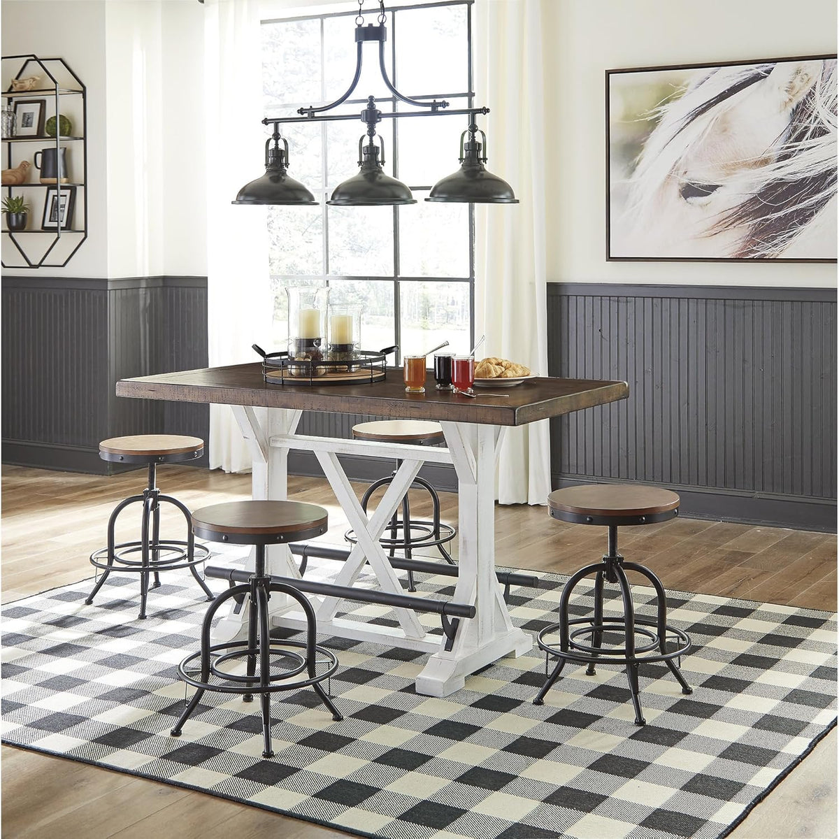 Signature Design by Ashley Valebeck Counter Height Dining Table, Rustic Farmhouse Design, Black Metal Footrest, Seats Up to 4, Great for Small Spaces, White