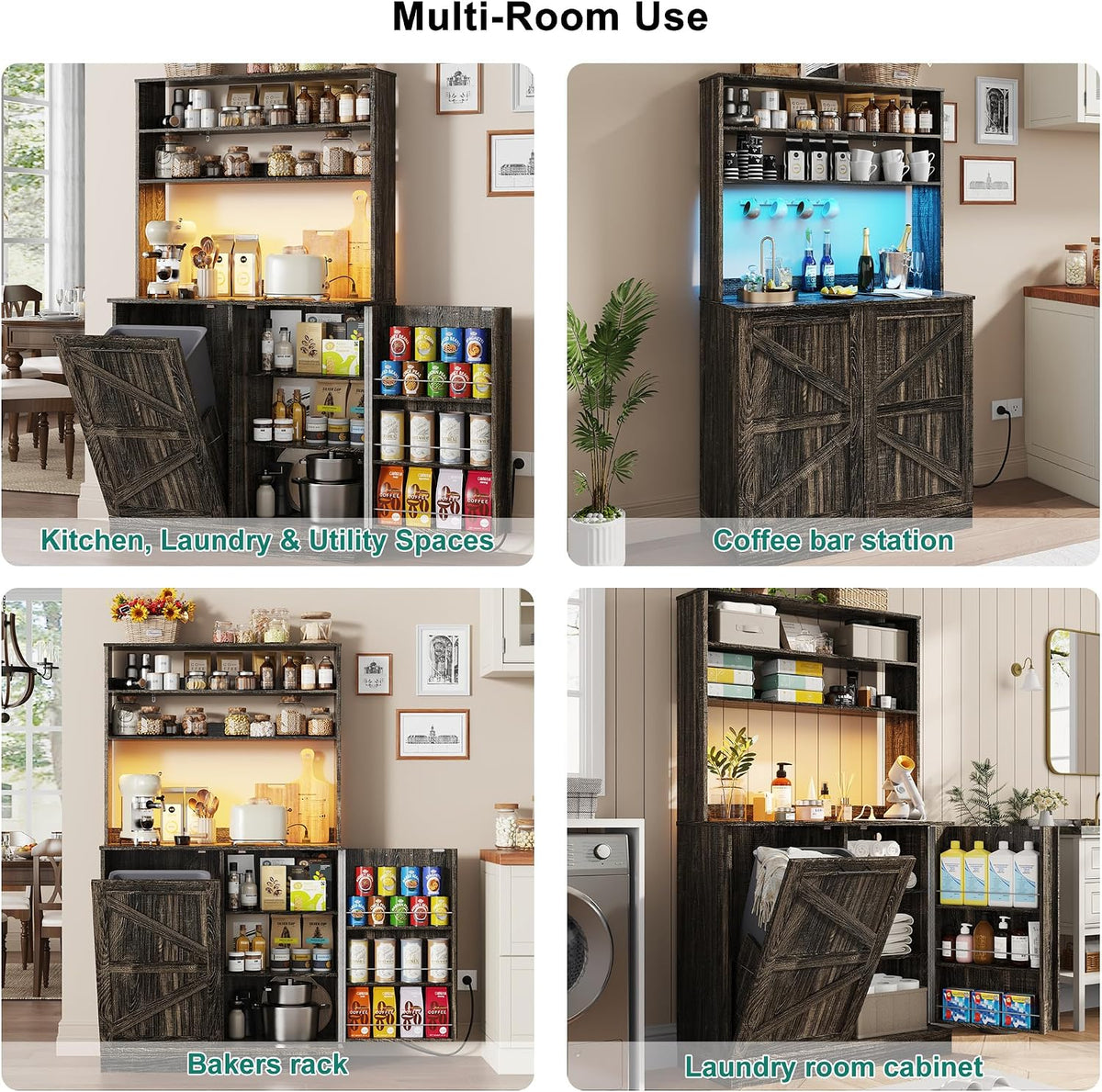 Squireewo 63" H Pantry Cabinets with 10 Gallon Trash Can,Led Light,Outlet,35" W Kitchen Hutch with Tilt Out Trash Can Cabinet,Farmhouse Cupboard with Large Countertop for Living Room, Dining Room