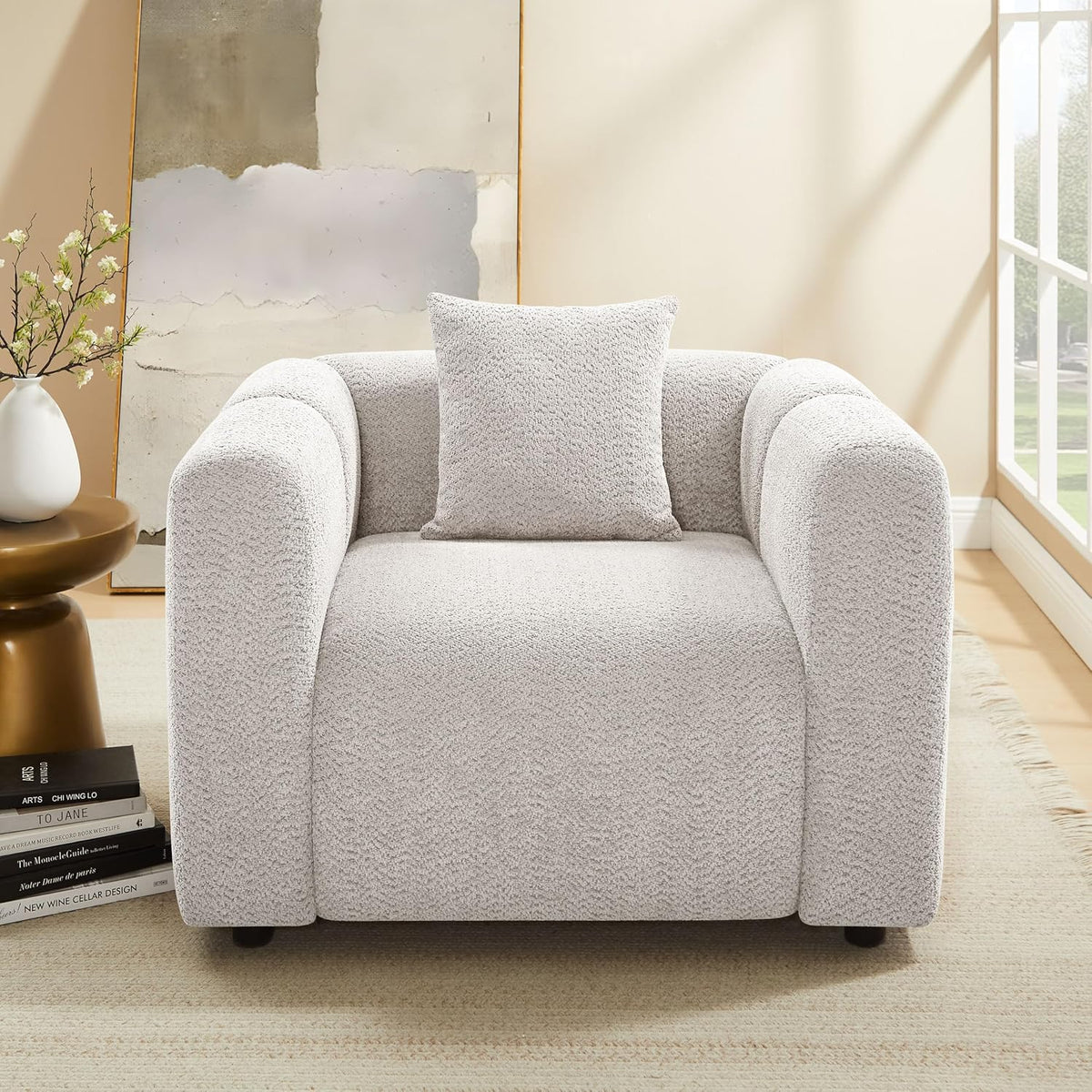 VANOMi 42" W Oversized Armchair, Modern Boucle Accent Chair with Pillow, Comfy Living Room Chairs for Reading, Office, Apartment, Light Khaki