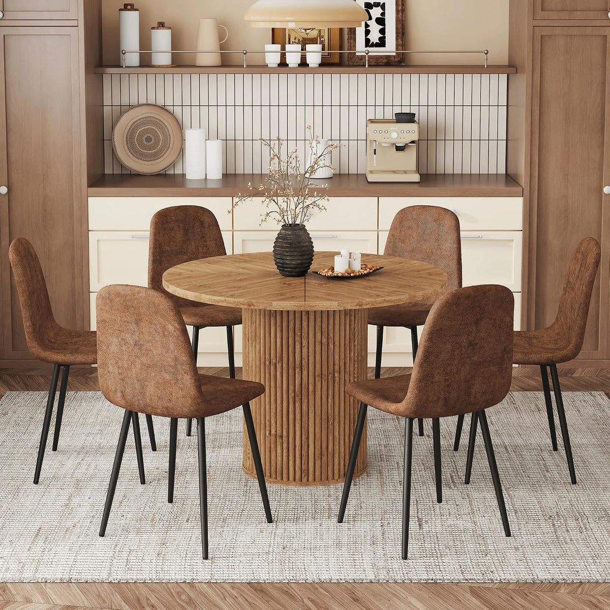 Table and Chairs Set of 6, Round Dining Room Sets for 6, 42 Inch Storage Table with 6 Chairs for Living Room, Kitchen, Farmhouse, Office
