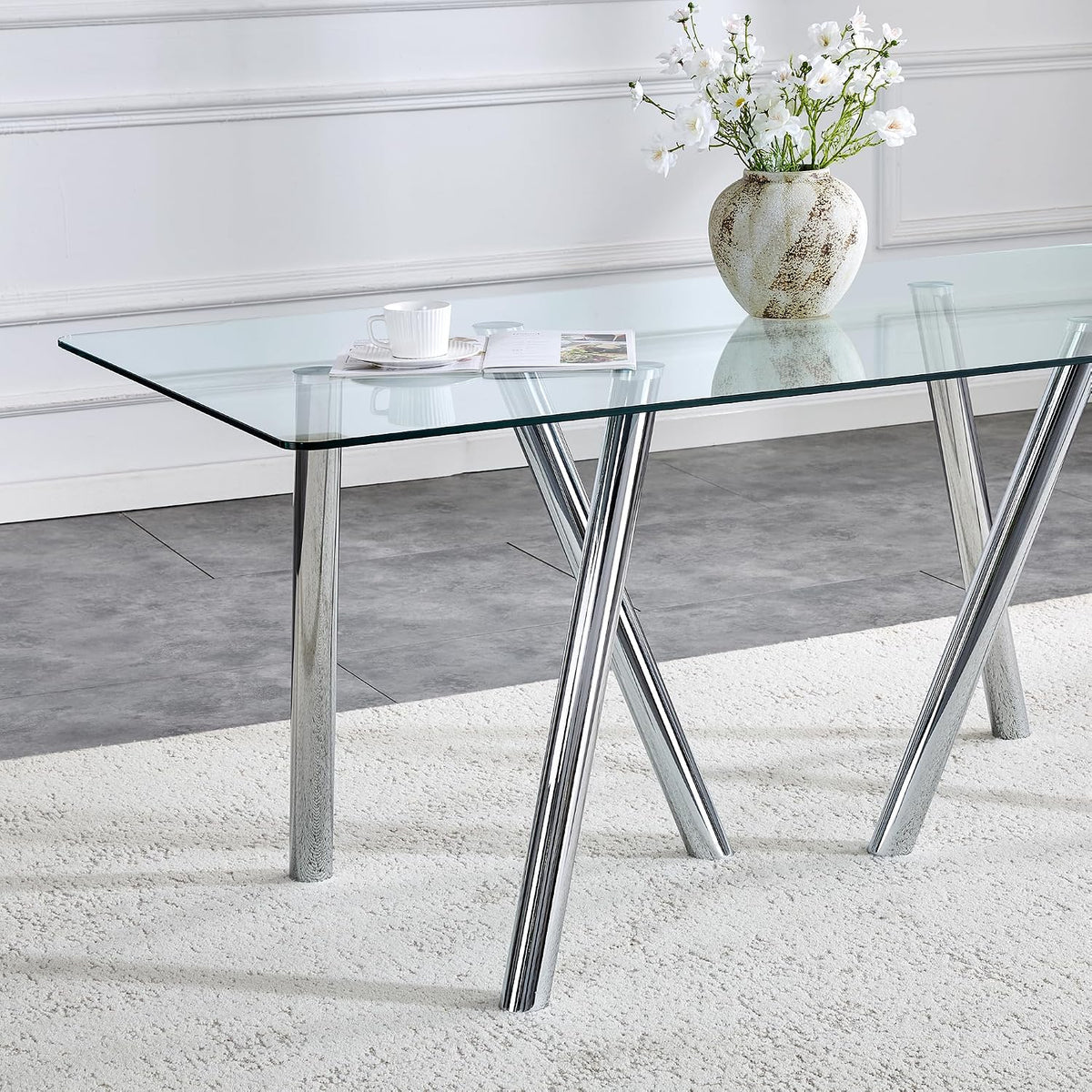 Glass Dining Table for 4 6 8 Pepole,71 Inch Rectangle Kitchen Dining Room Table with 0.39" Thick Tempered Glass Tabletop & Metal Legs, Modern Glass Top Silver Dinner Table for Dining Room