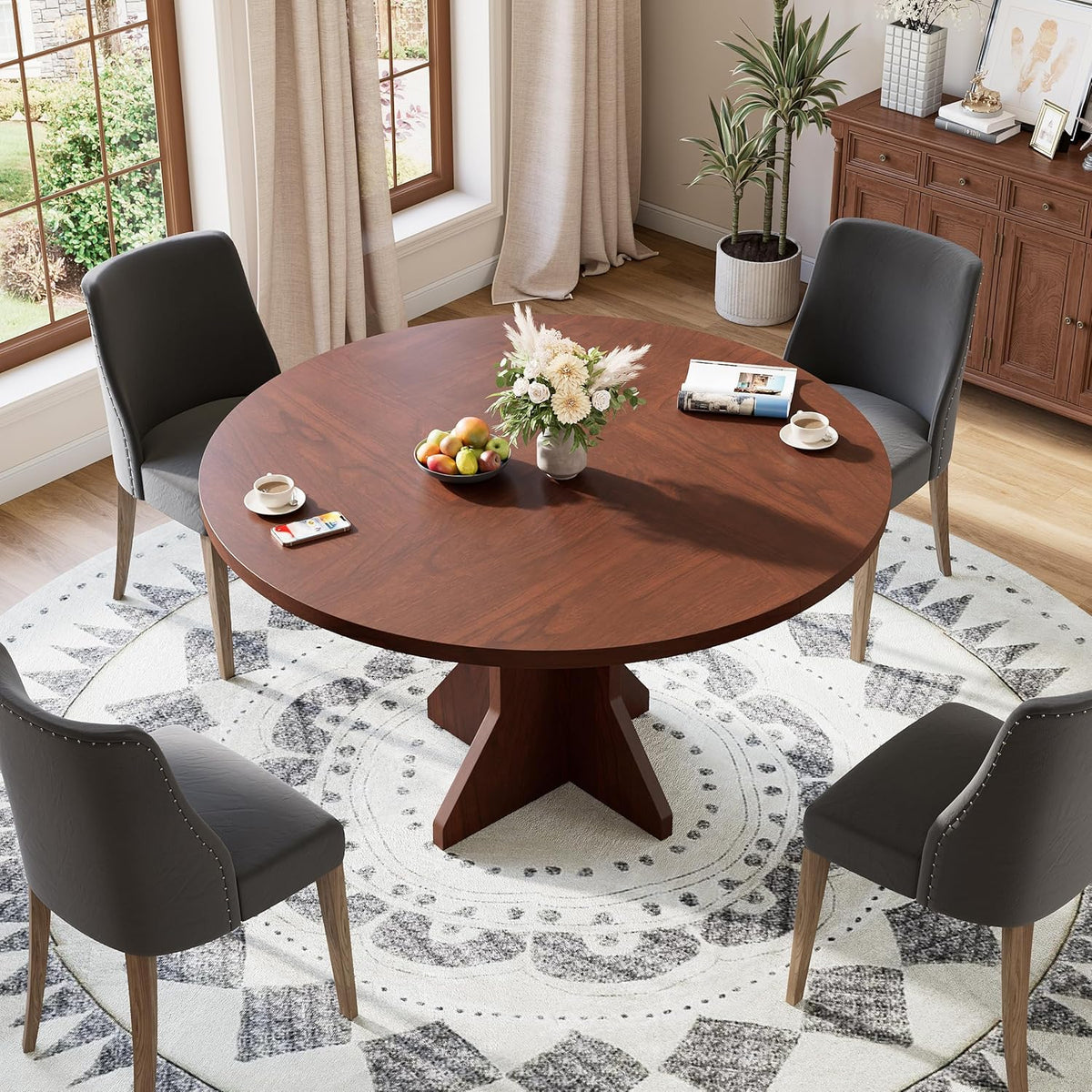 IDEALHOUSE Round Dining Table, 47" Kitchen Table for 4-6 People, Circle Tables with Sturdy Pedestal Base, Space Saving Dinning Room Furniture for Living Room, Kitchen, Apartment, Walnut
