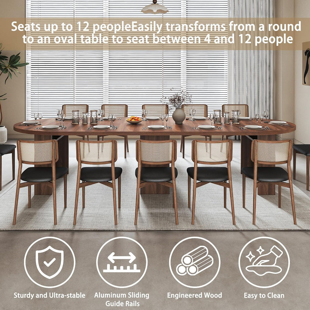 47-118 Inch Round Extendable Dining Table for 4-12, Kitchen Table with Wood Strip Base, Modern Oval Dining Room Table for Kitchen Living Room, Walnut