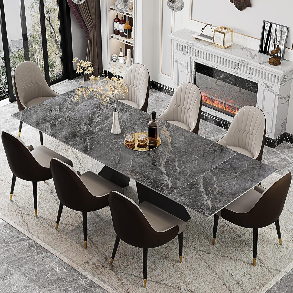 Telescoping Faux Marble Table 63-94.49" Adjustable Length 8-10 People Heavy Duty Carbon Steel Base for Kitchen Dining Room Family Party (62.99''-94.48'' Bonnes)
