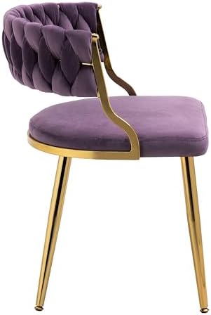 Velvet Dining Chairs Set of 2, Upholstered Dining Chair for Living Room, Modern Woven Kitchen Side Seats with Golden Legs, Great for Bedroom Kitchen Vanity - Purple