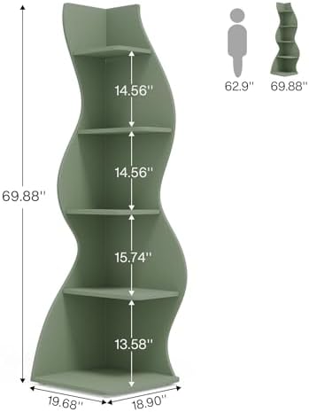 Tribesigns Corner Shelf, Modern 5-Tier Wall Corner Bookshelf, Stylish Corner Small Bookcase Storage Rack Plant Stand with Unique Shape for Living Room, Home Office (Sage Green, 1PC)