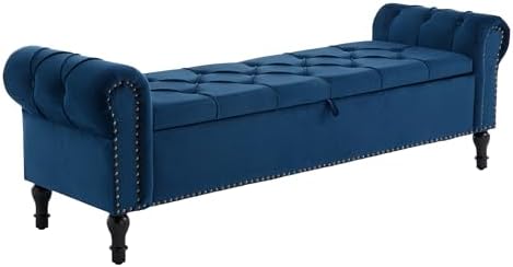 Velvet Storage Bench 67 Inch Upholstered Tufted Ottoman Bench with Arms Large Storage Space King Size End of Bed Bench for Bedroom Living Room Entryway Navy Blue