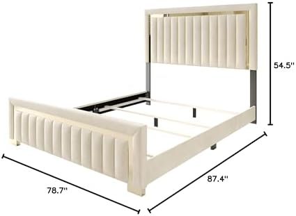 HOME DESIGN Olathe King Size Upholstered Panel Bed Frame, Vertical Channel Tufted Headboard with Gold Metal Accent, Velvet Fabric, Platform Design, Box Spring Required, Beige