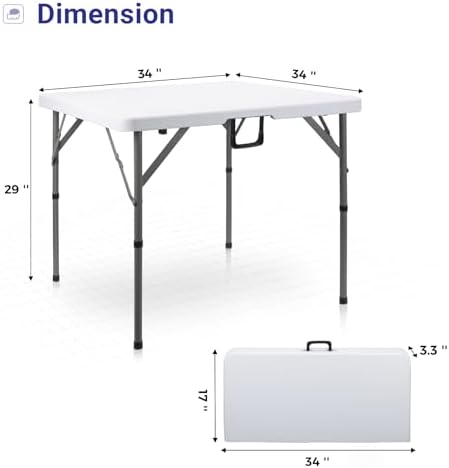 34" Square Folding Card Table,Fold-in-Half Utility Portable Table,White | Heavy Duty HDPE Tabletop,Carrying Handle,Removable Legs with Two Height,Indoor Outdoor for Picnic,Camping,Party,Game