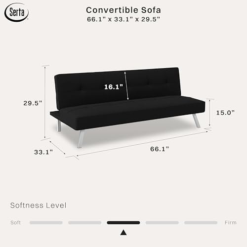 Serta® Rane Futon Sofa Bed 66.1", 3-in-1 Convertible Couch Sleeper for Small Spaces, Tufted Back, Twin Size Guest Bed, Black Woven Fabric