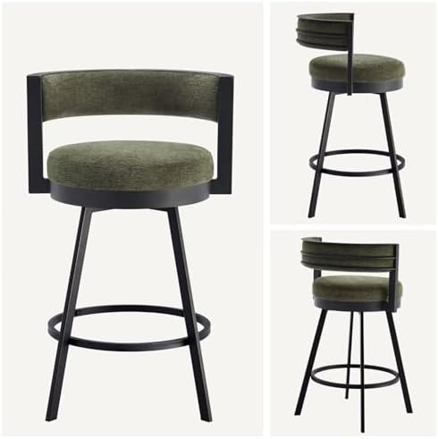 Flouki Swivel Counter Height Bar Stools Set of 2, Upholstered 26.6" Modern Counter Stools with Arms, Linen Barstools with Back and Metal Base for Kitchen Island, Dining Room, Green Linen Fabric
