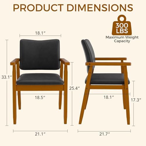 Dining Chairs with Arms Set of 4, Wood Frame Faux Leather Kitchen Chairs, Comfortable Upholstered Accent Chairs for Kitchen, Dining Room,and Living Room(Black)