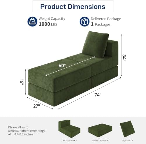Living&Giving Cloud Sectional Couch for Living Room, Modular Couch with 1 Ottoman, Middle-seat Can Be Combined with Modular Sofa, Customizable Layout for Any Space, Green