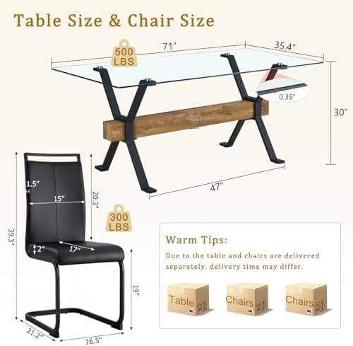 71" Glass Dining Table Set for 6, Modern Dining Table Set for 6, 0.4" Thick Tempered Glass Tabletop with Matte Black Metal Legs and Wooden Crossbar, 6 PU Chairs for Dining Room, Kitchen