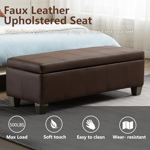 51 Inch Storage Ottoman, Storage Bench with Safety Hinge, Upholstered Synthetic Leather Ottoman Bench for Bedroom, Living Room, Entryway, Hallway, Foot Rest, Support 500lbs, Brown