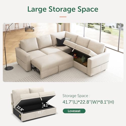 HONBAY Modular Sectional Sleeper Sofa with Pull Out Bed, L Shaped Couch with Storage Seat, Convertible Sectional Couches for Living Room, Beige