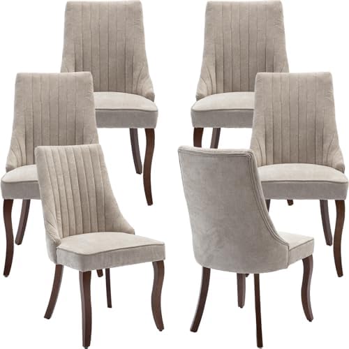 Fabric Dining Chairs Set of 6, High Back Upholstered Kitchen & Dining Room Chairs with Solid Wood Legs, Mid Century Modern, Sillas de Comedor (Beige, 6 Pcs)