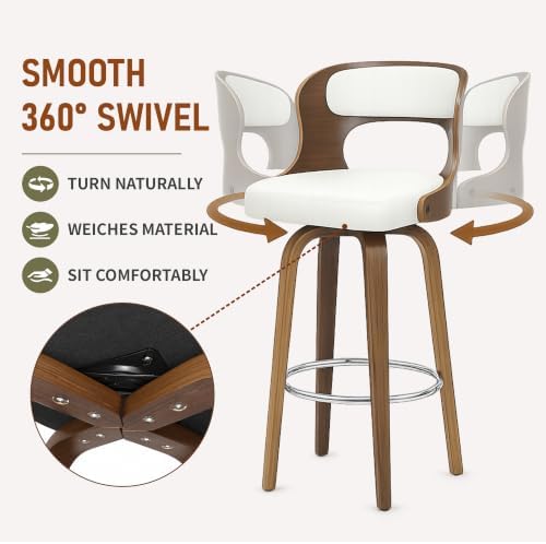 ClinQ 26" Counter Height Barstool Set of 2，Bentwood Leg and Back，White | 360° Swivel Barstool | Faux Leather Upholstered Seating | Ergonomic Backrest | Mid Century Style | Kitchen & Restaurant Use