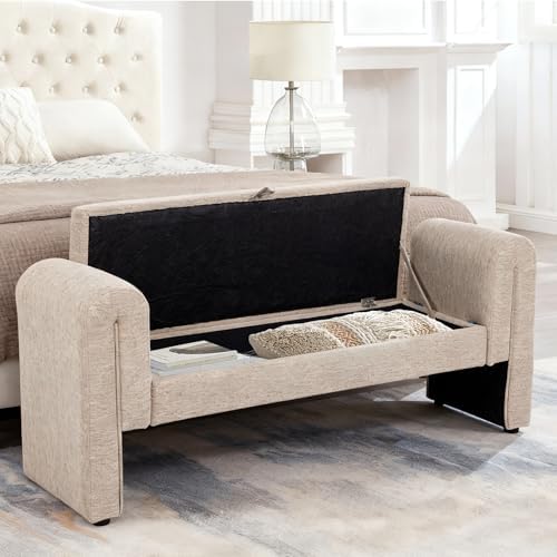 Linen Fabric Bench for Bedroom End of Bed, 60.5 inch Upholstered Linen Fabric Storage Bench Ottoman Bench with Rolled Arms, Button-Tufted Ottoman for Living Room, Entryway (Oatmeal)