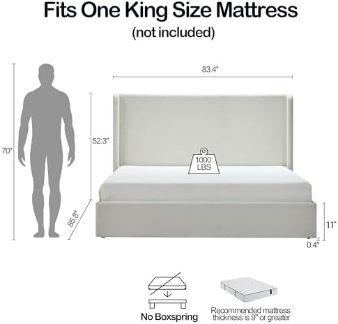 King Size Upholstered Platform Bed Frame, 52.3" High Headboard Carmen Wingback Beds, Tall Headboard King Floor Bed Frames, No Box Spring Needed No Noise, Minimalist, Textured Ivory