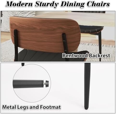 HENGJIANYI Bentwood Dining Chairs Set of 2, Modern PU Leather Dining Room Chairs with Metal Legs, Mid Century Upholstered Kitchen Chairs with Curved Back and Seat, Black