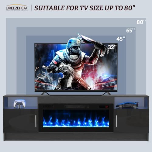 BREEZEHEAT Electric Fireplace TV Stand with 36 inch Fireplace Up to 80" TVs-Led Entertainment Center with High Glossy Doors-70 inch TV Cabinet, Modern Media Console for Living Room(Black)