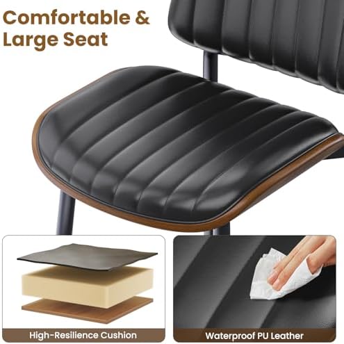 YaFiti Dining Chairs Set of 2, Mid Century Modern PU Leather Kitchen Chairs | Ergonomic Walnut Backrest, Upholstered Waterproof Faux Leather Seat, Stable Metal Legs, Adjustable Footpads, Black Pinstripe